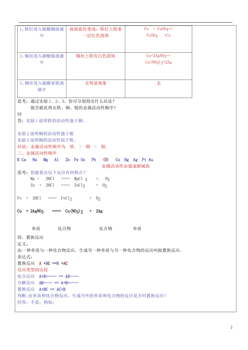贵州省贵阳戴氏教育管理有限公司2015届中考化学第一轮复习金属的化学性质教学案无答案_第2页