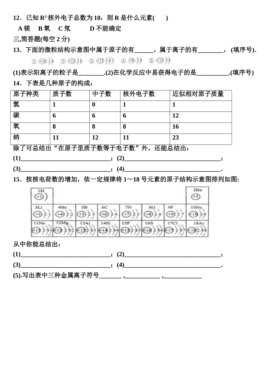 人教版九年级化学原子的结构自我检测题_第2页