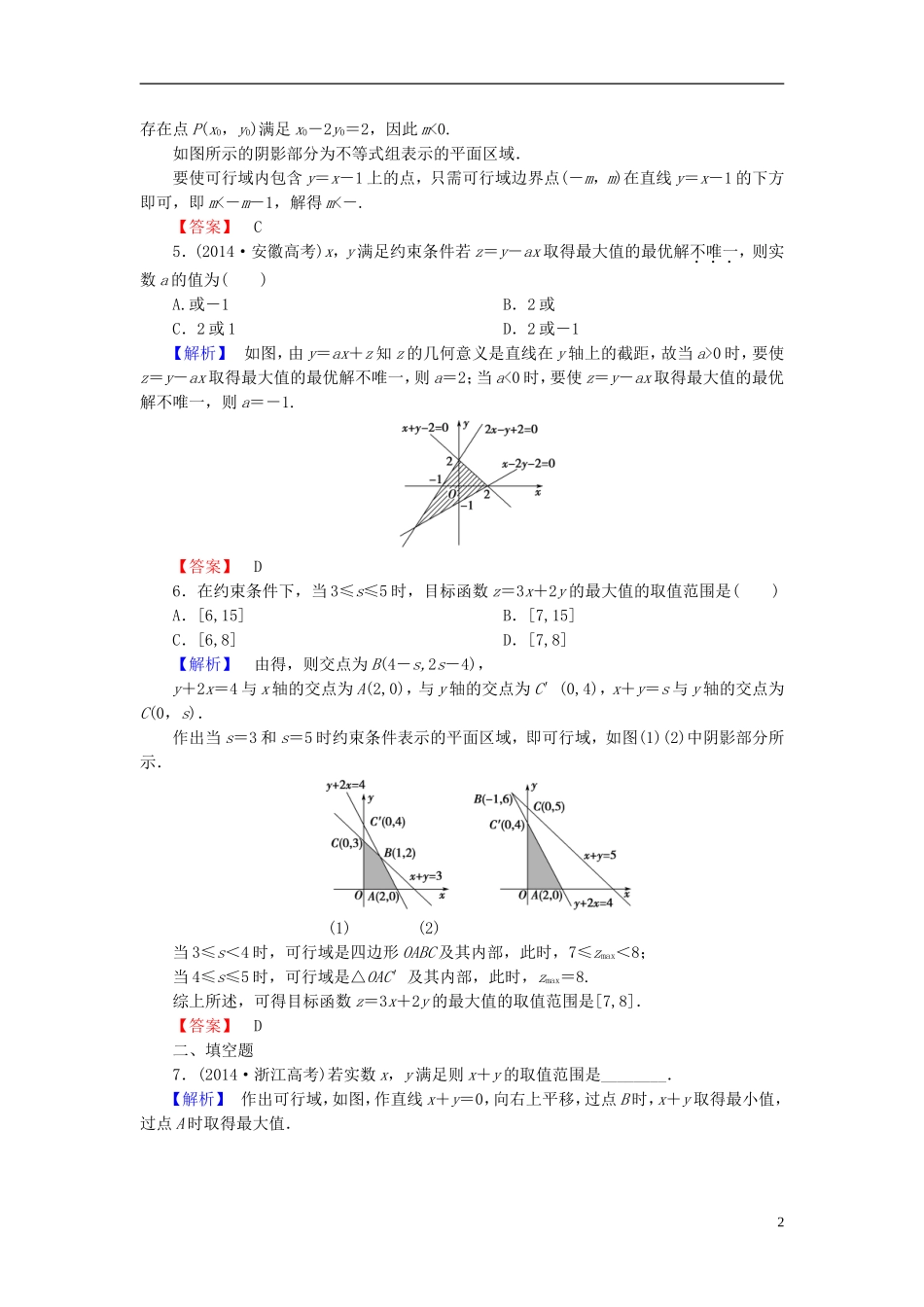 高考总动员2016届高考数学大一轮复习第6章第3节二元一次不等式组与简单的线性规划问题课时提升练文新人教版_第2页