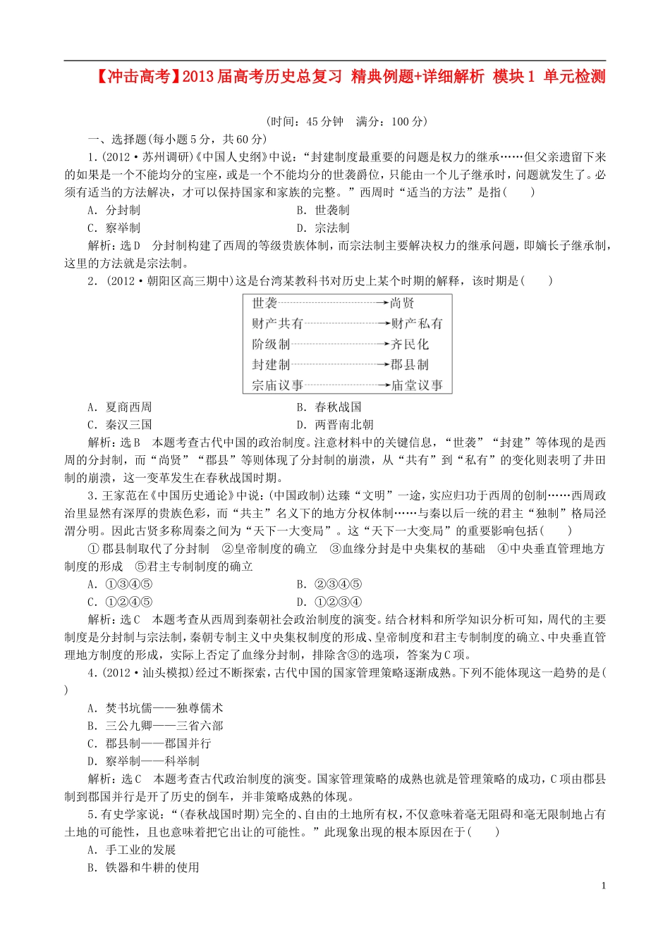 【冲击高考】2013届高考历史总复习 精典例题+详细解析 模块1 单元检测_第1页