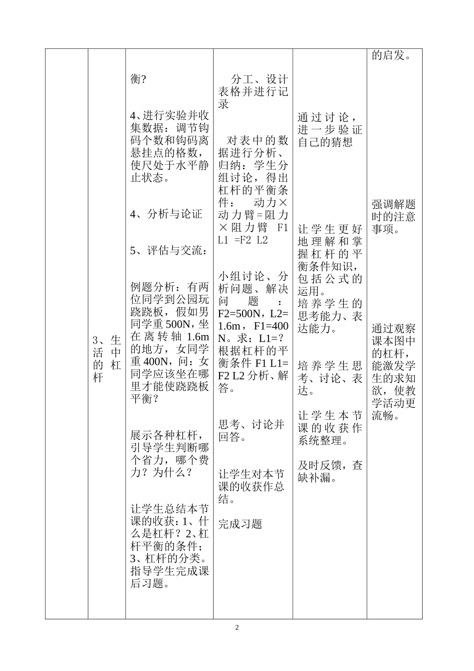 《杠杆平衡条件》教学设计_第2页