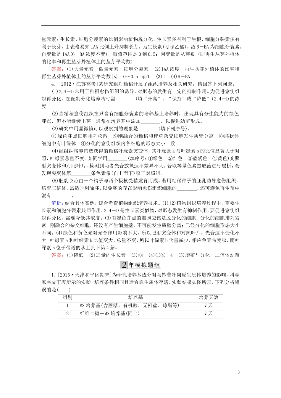 2016高三生物第一轮总复习第一编考点过关练考点41植物的组织培养_第3页