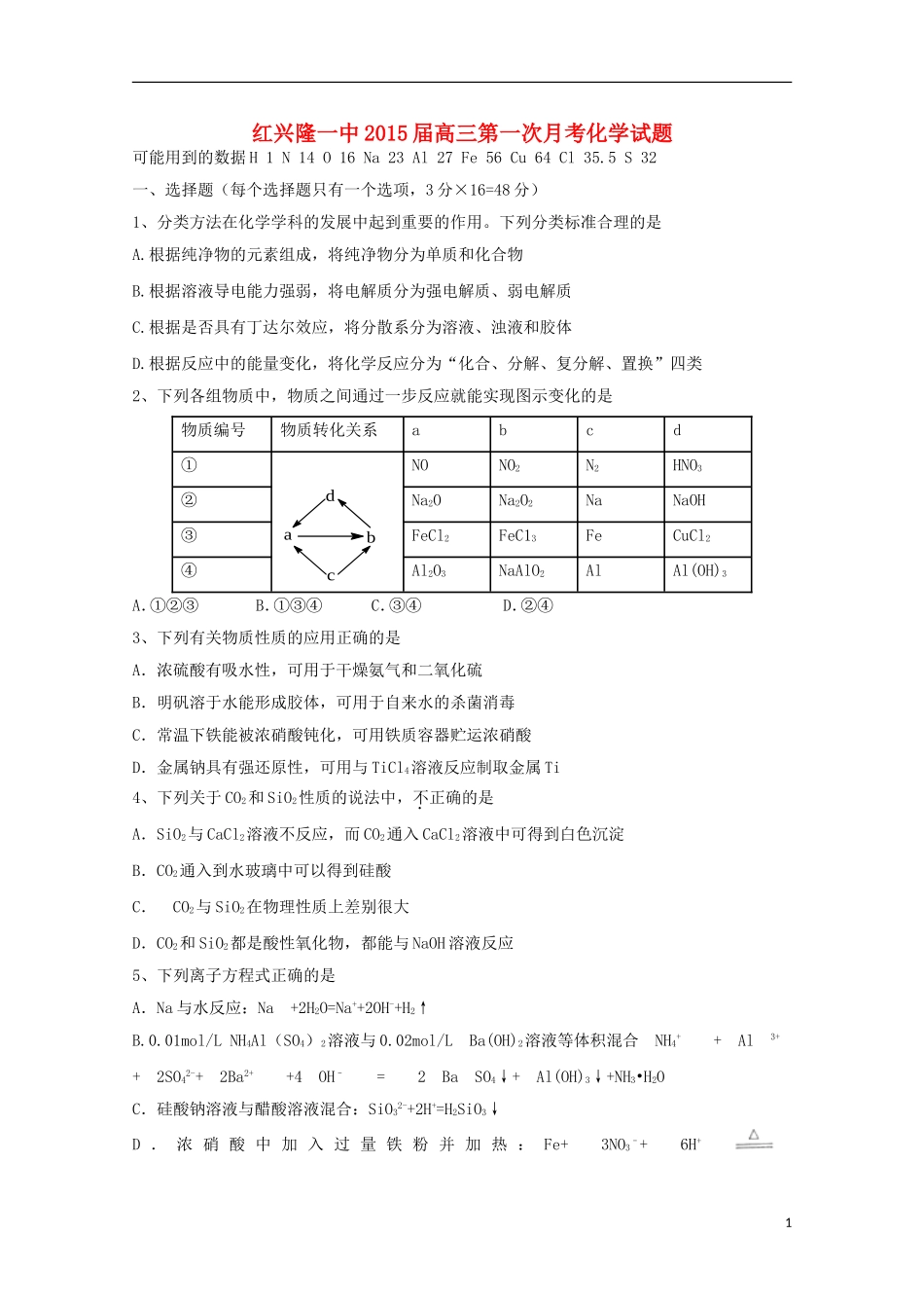 黑龙江省友谊县红兴隆管理局第一高级中学2015届高三化学上学期第一次月考试题_第1页