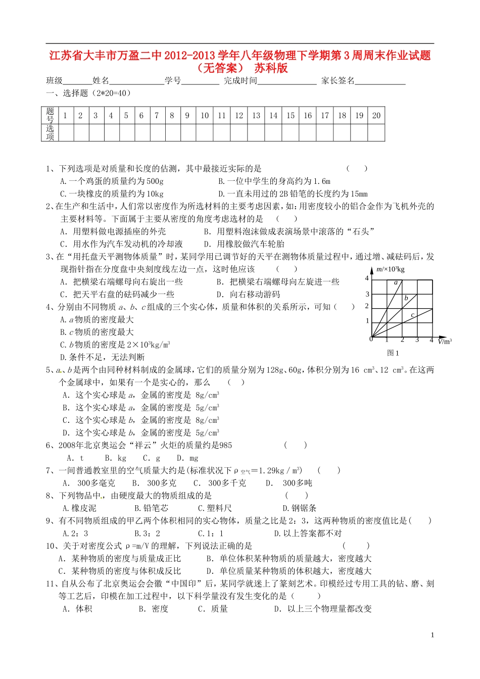 江苏省大丰市万盈二中2012-2013学年八年级物理下学期第3周周末作业试题（无答案） 苏科版_第1页