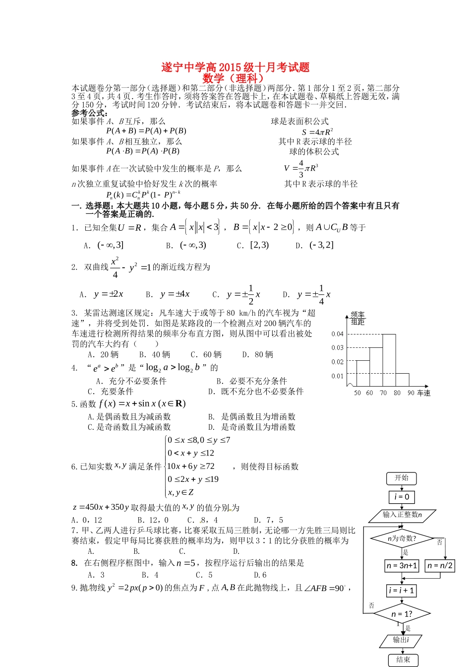 四川省遂宁中学高2015级高中数学10月月考试题理_第1页