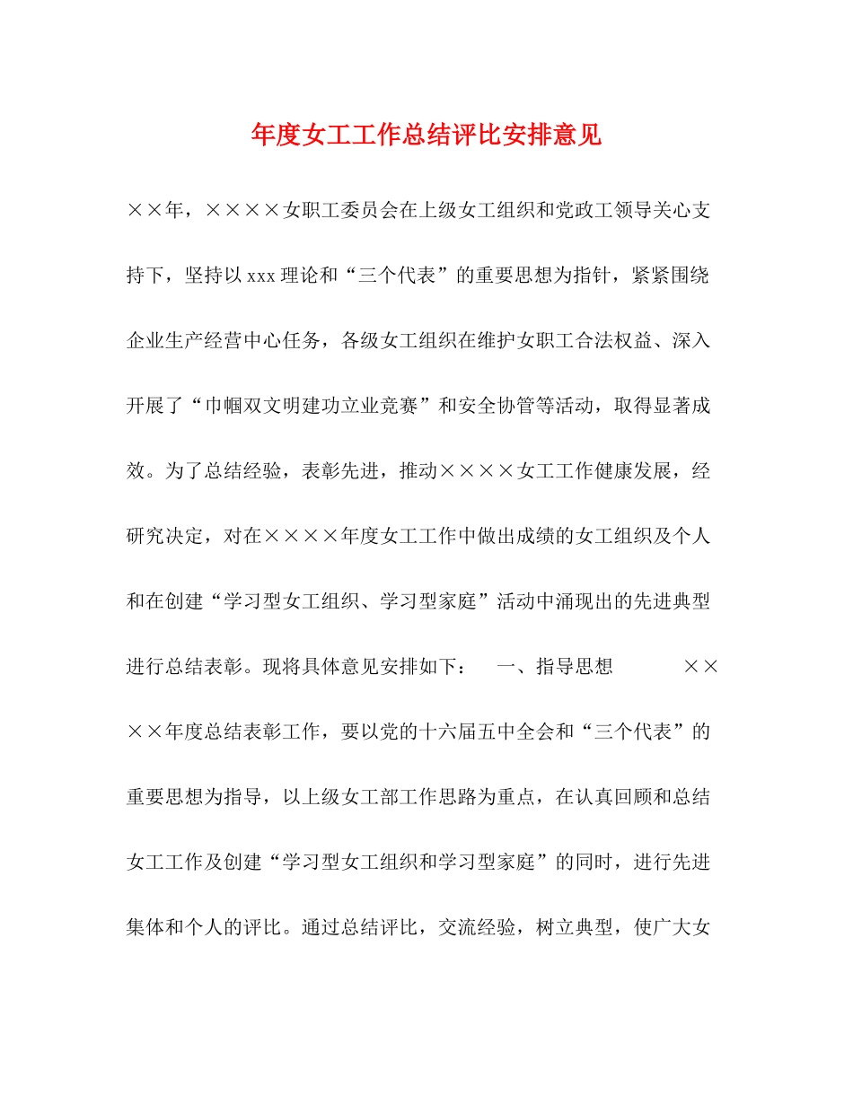 2020年度女工工作总结评比安排意见_第1页