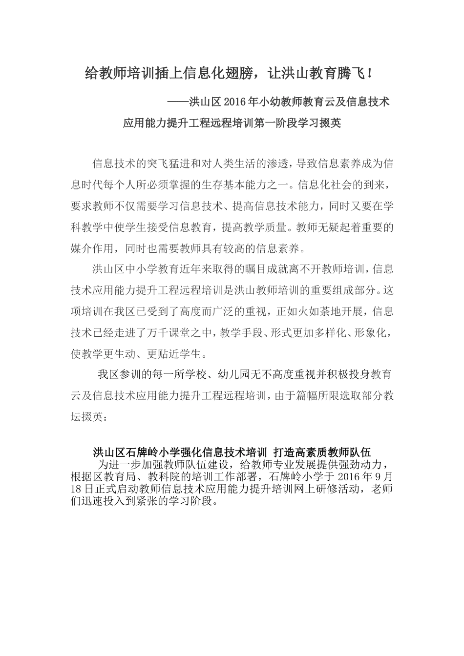 给教师培训插上信息化翅膀，让洪山教育腾飞！（洪山区童丹）_第1页