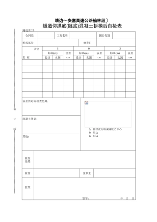 隧道仰拱底（隧底）混凝土拆模后自检表
