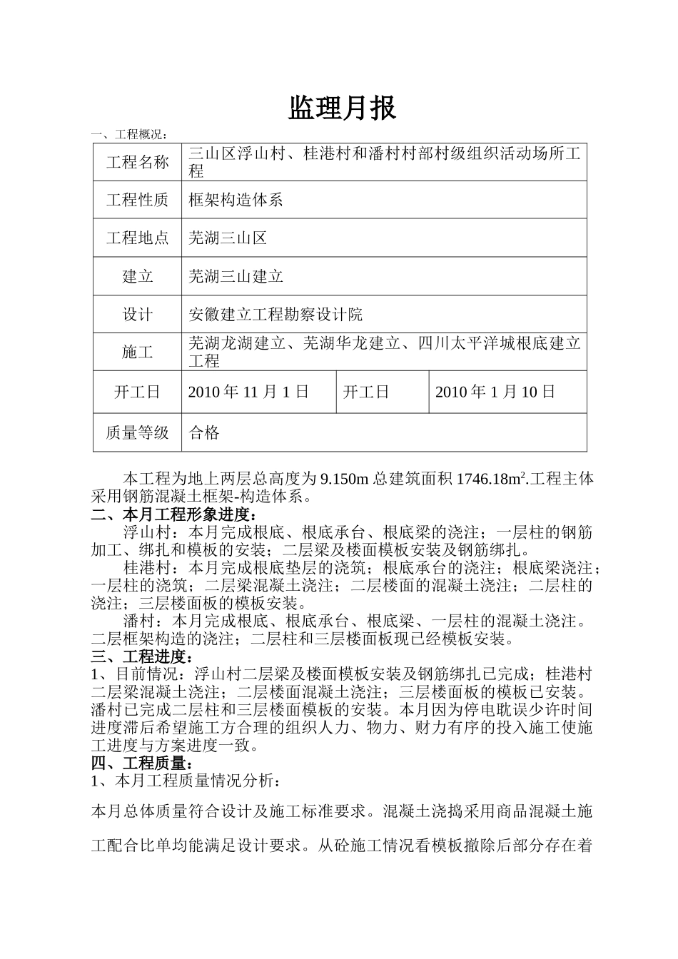 三山区浮山村、桂港村和潘村村部村级组织活动场所工程监理月报_第1页