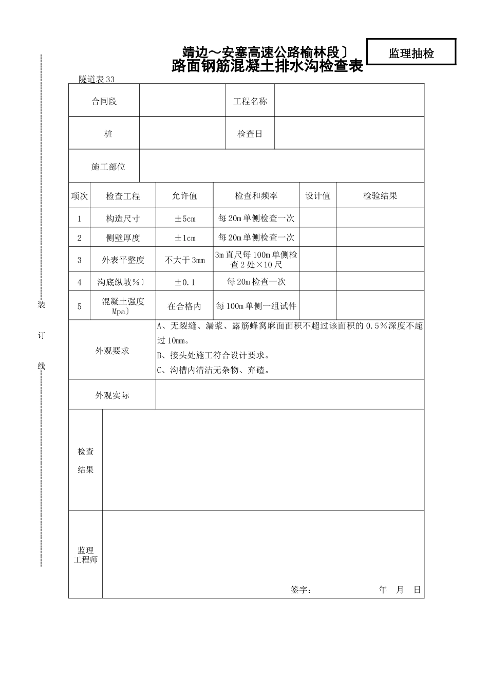 路面钢筋混凝土排水沟检查表_第1页