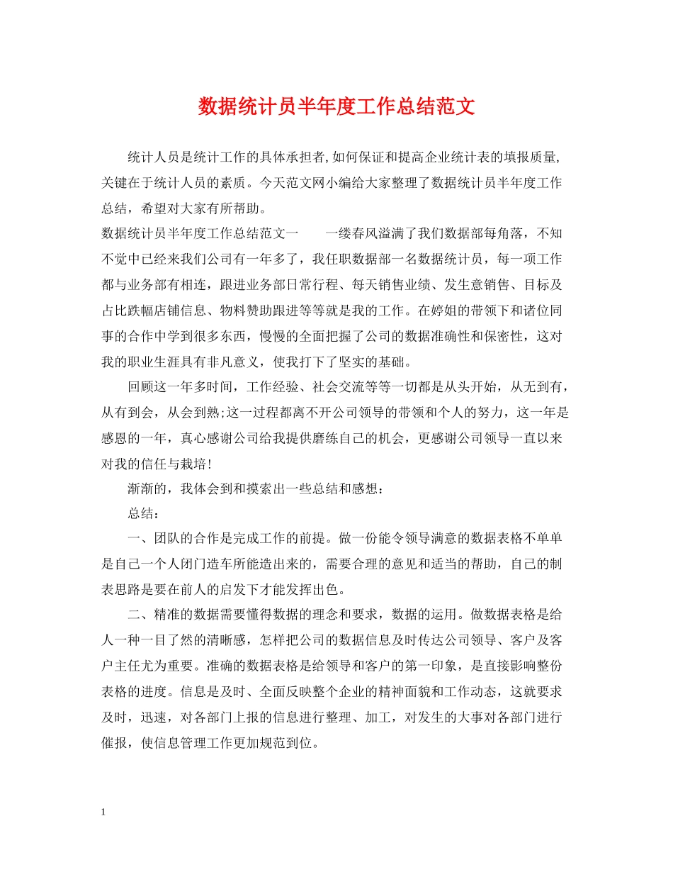 数据统计员半年度工作总结范文_第1页