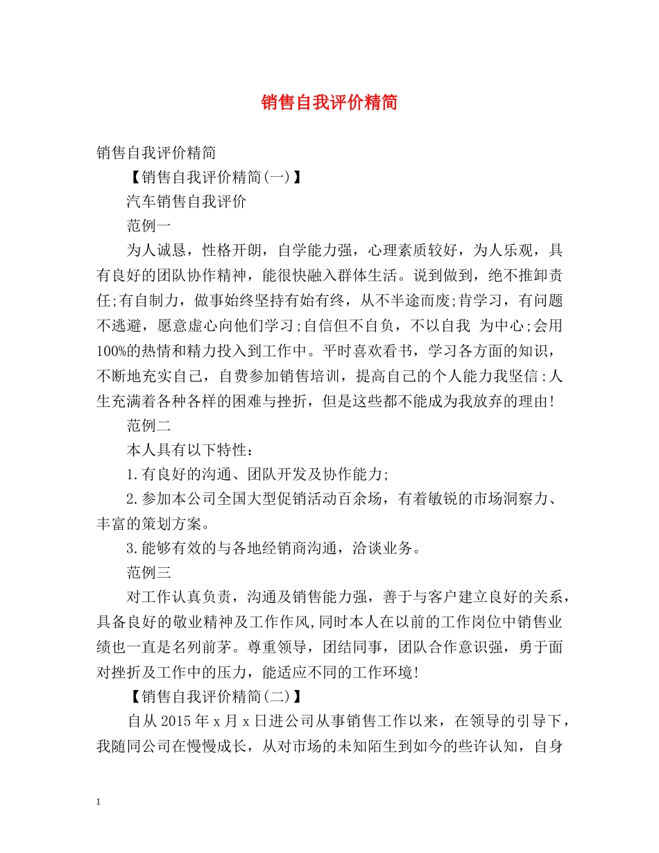销售自我评价精简 _第1页