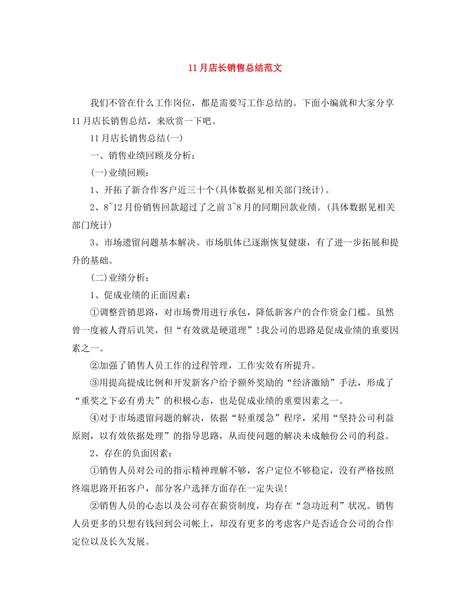 11月店长销售总结范文_第1页