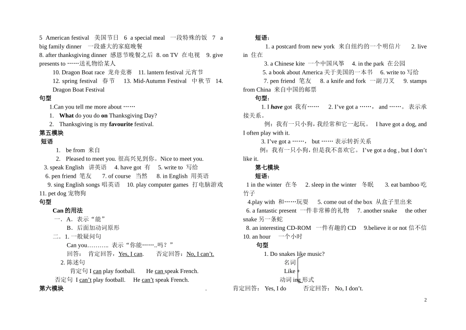 外研社版三起小学英语六年级上册复习提纲--短语+句型[1]_第2页
