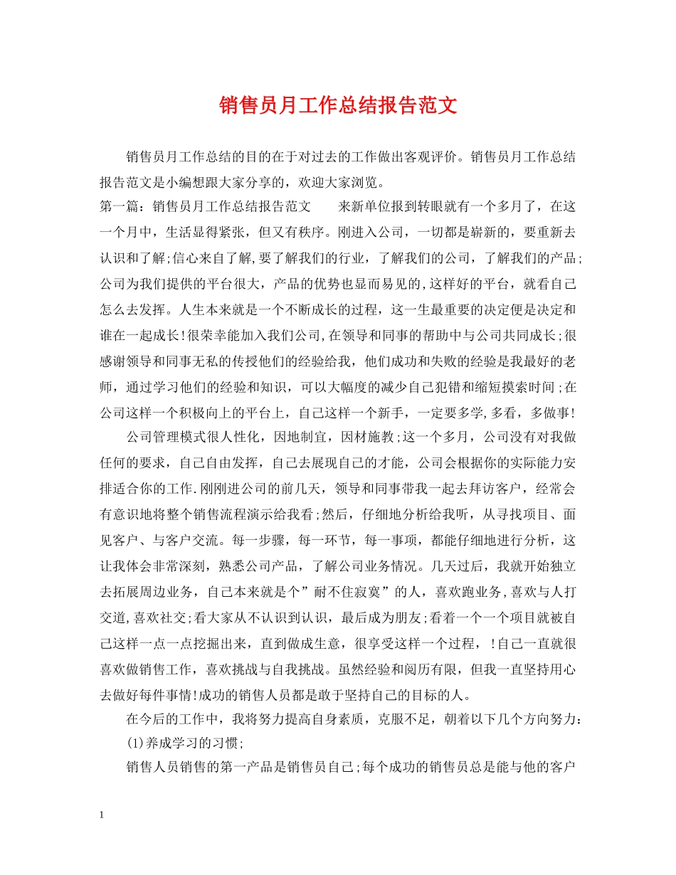 销售员月工作总结报告范文 _第1页