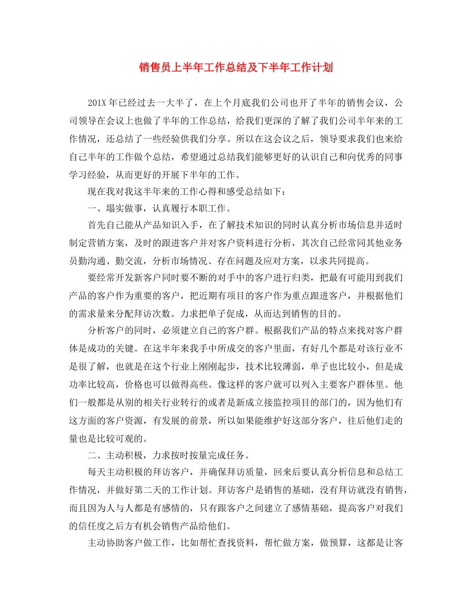 销售员上半年工作总结及下半年工作计划 _第1页