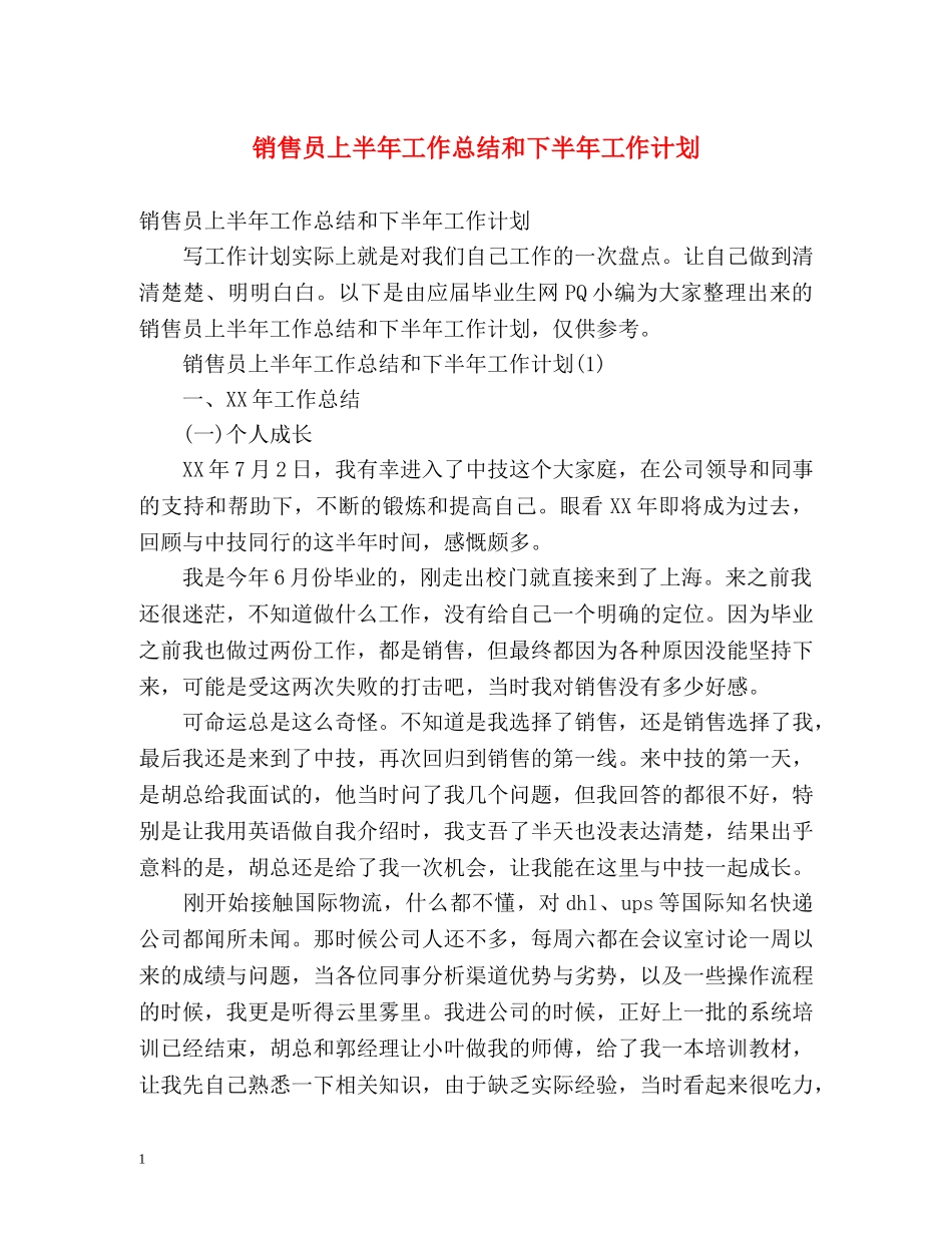 销售员上半年工作总结和下半年工作计划 _第1页