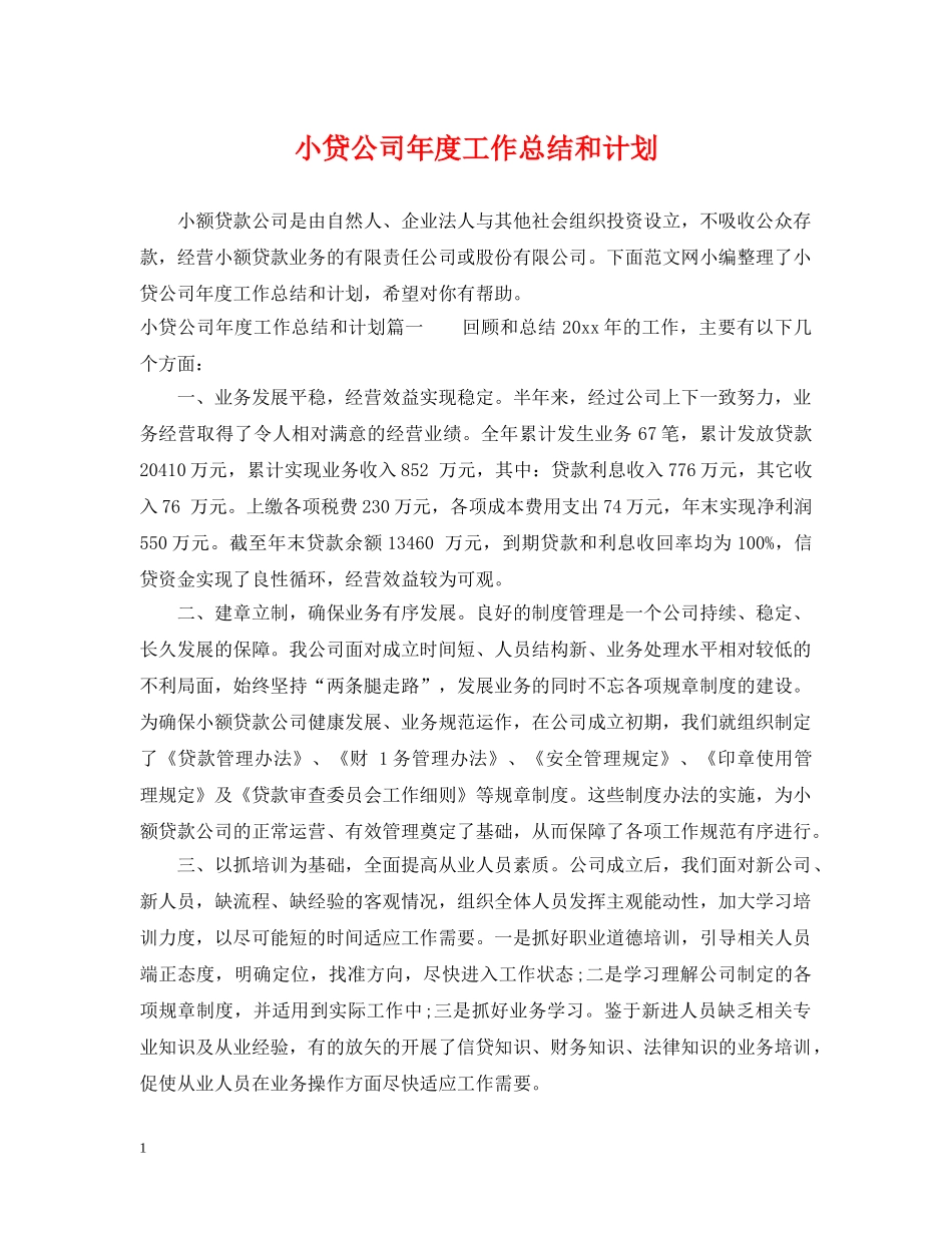 小贷公司年度工作总结和计划 _第1页