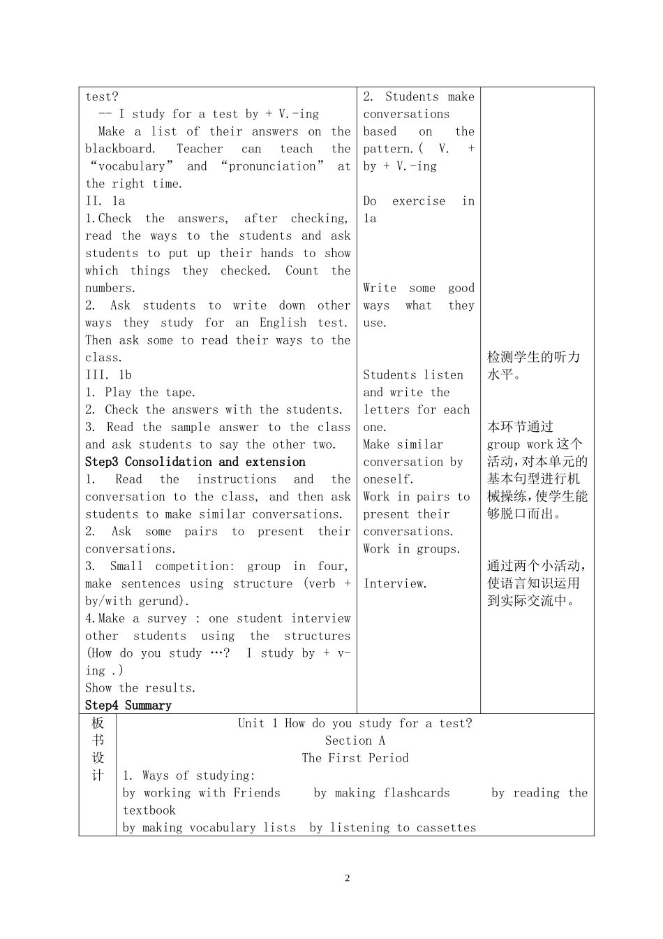 人教版新目标初中九年级英语全册教案表格式_第2页