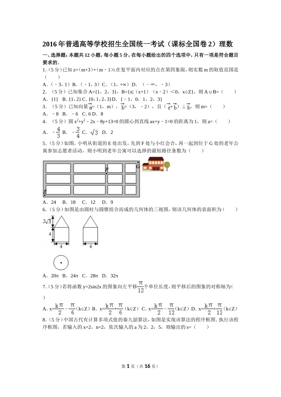 2016年普通高等学校招生全国统一考试（新课标全国卷2）理数(1)_第1页