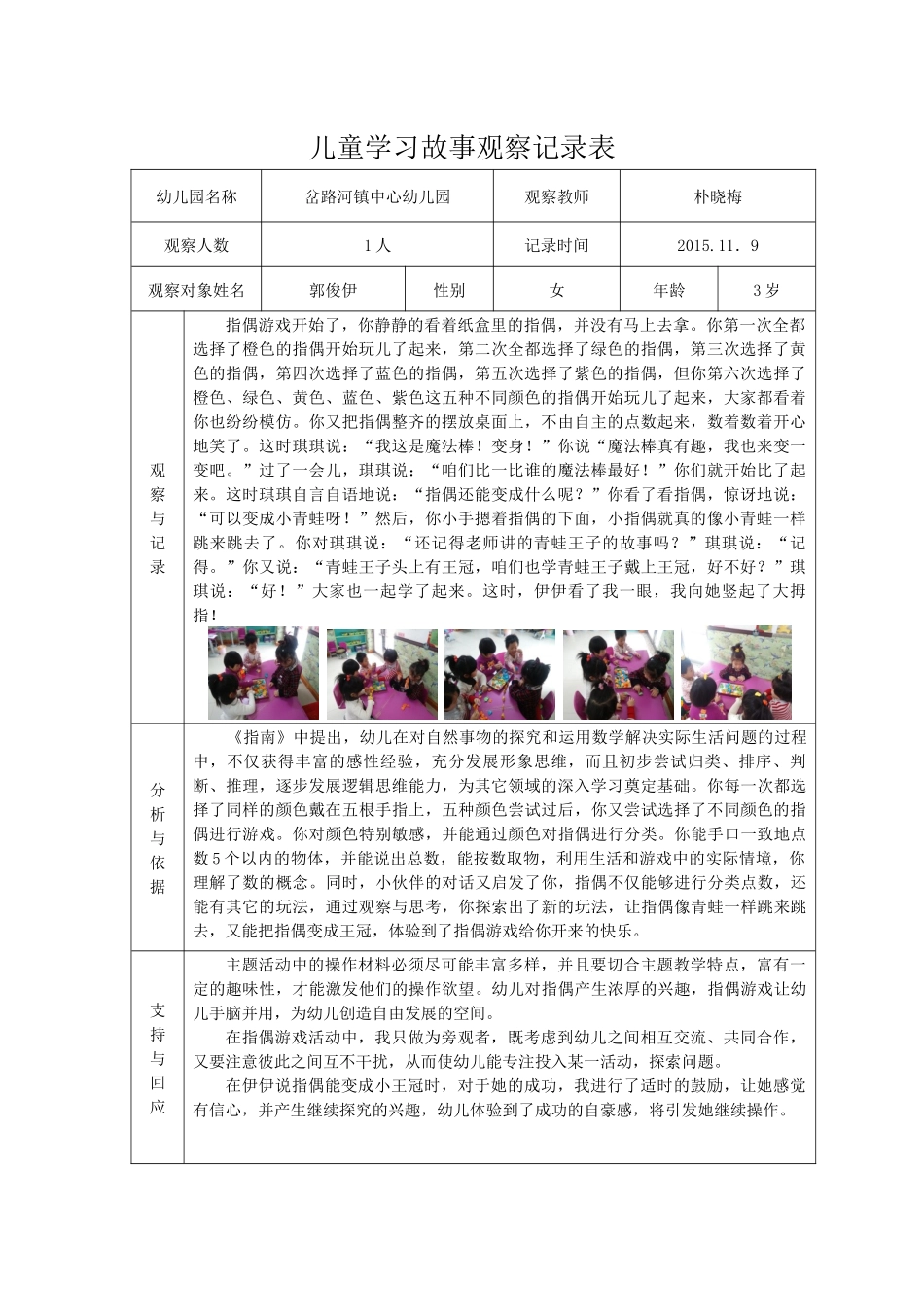 儿童学习故事观察记录表(朴晓梅)_第1页