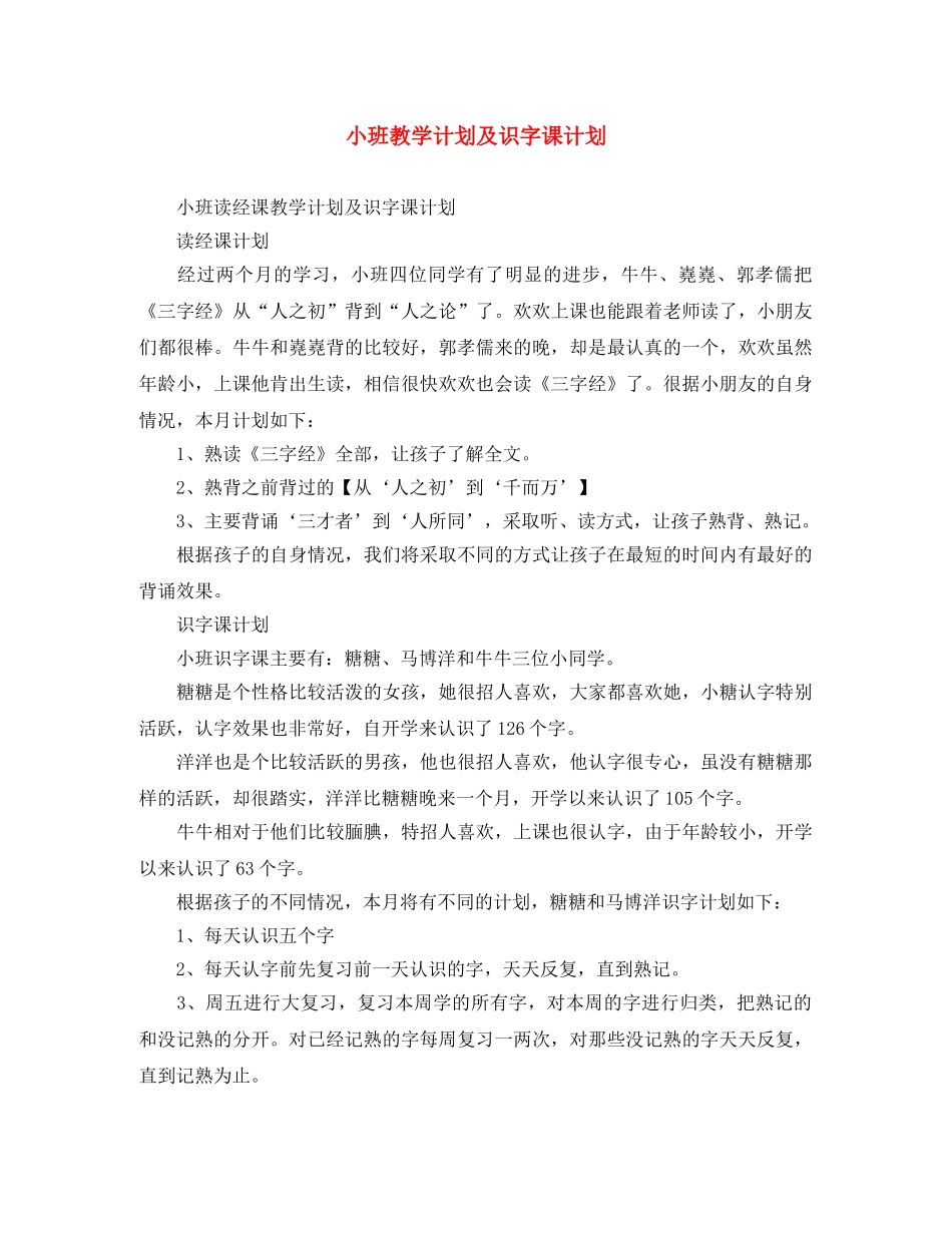 小班教学计划及识字课计划 _第1页