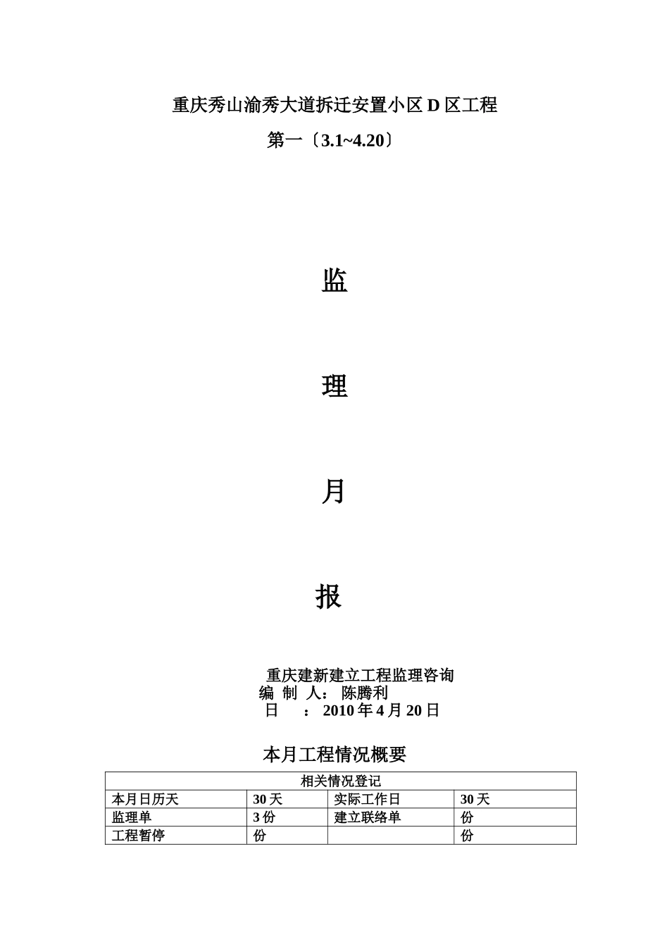 重庆秀山渝秀大道拆迁安置小区D区工程监理月报_第1页