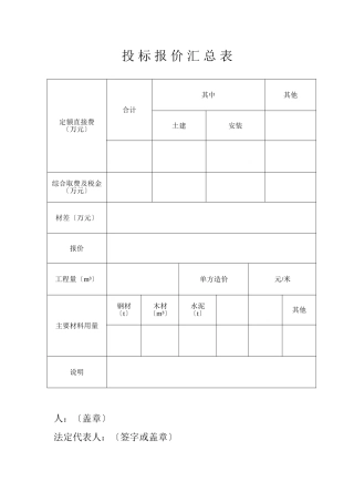 投 标 报 价 汇 总 表