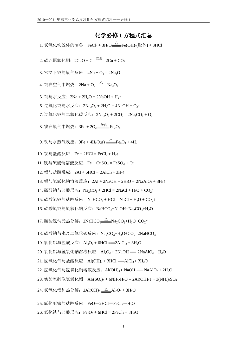 人教版化学必修1方程式汇总_第1页