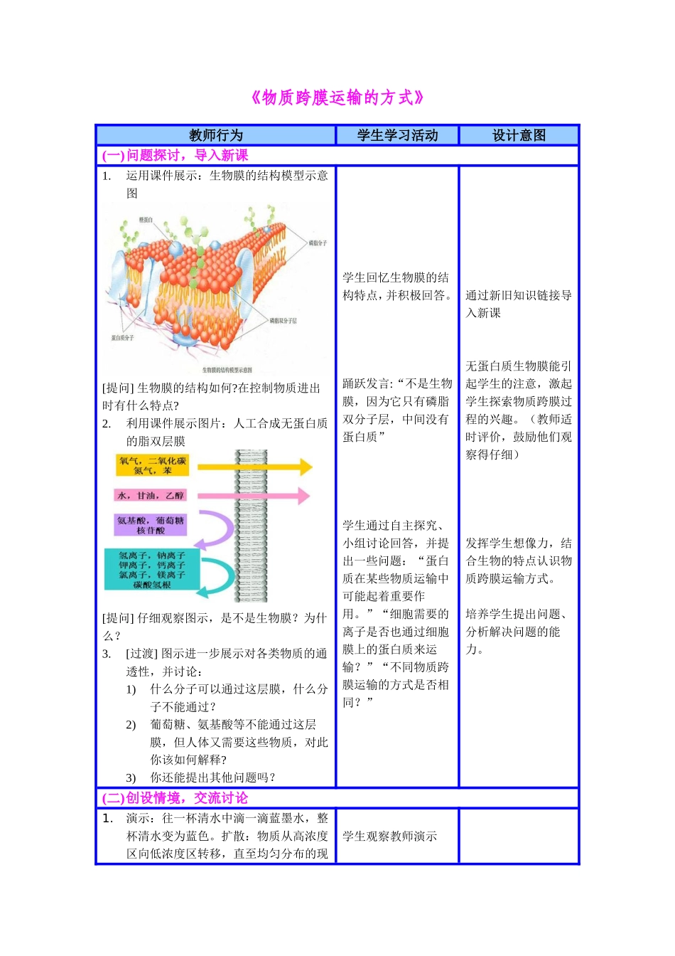 《物质跨膜运输的方式》教学设计_第1页