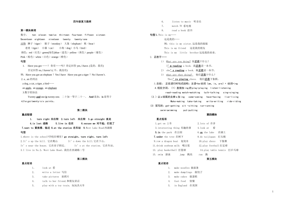 外研社版三起英语四年级上册复习提纲-短语+句型_第1页