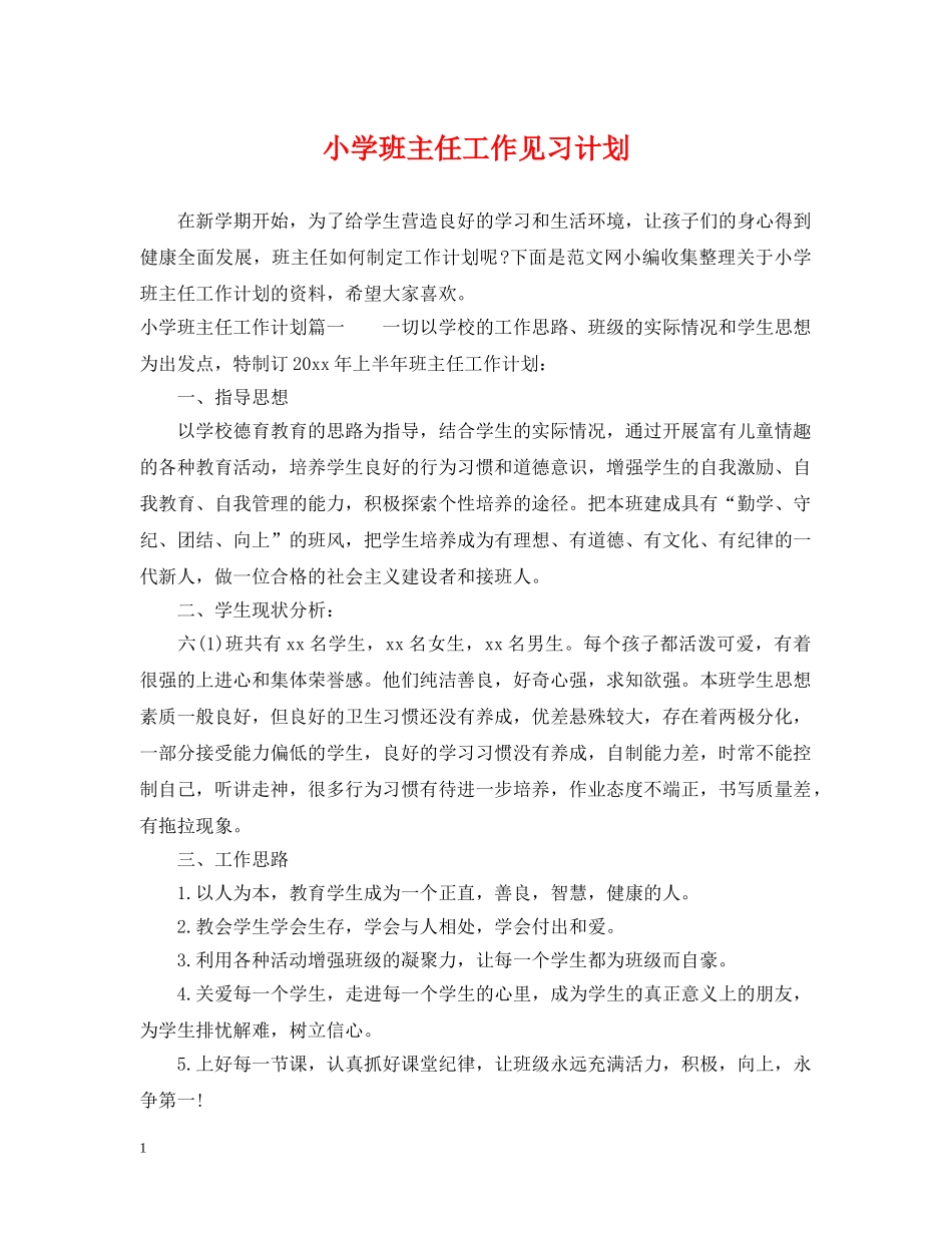 小学班主任工作见习计划 _第1页