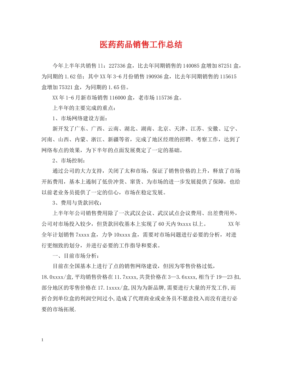 医药药品销售工作总结_第1页