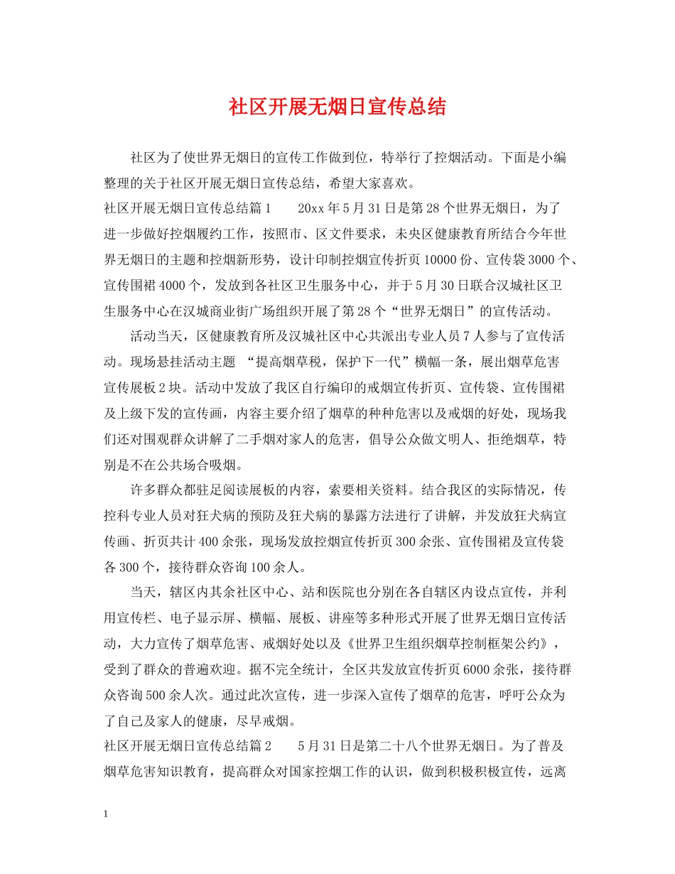 社区开展无烟日宣传总结_第1页