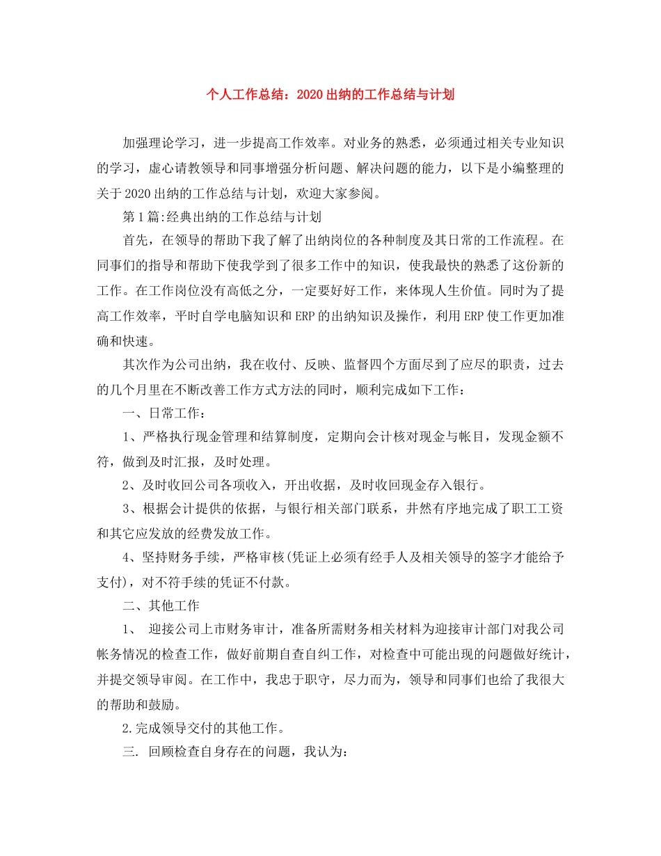 个人工作总结2024出纳的工作总结与计划 _第1页