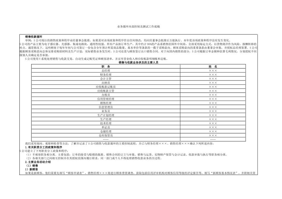 业务循环内部控制及测试工作底稿_第1页