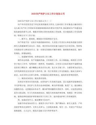 2024妇产科护士长工作计划怎么写 