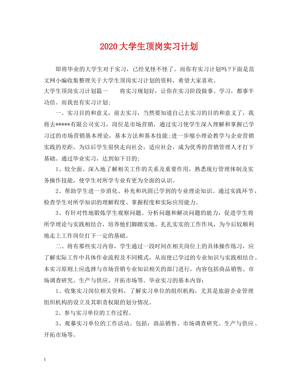 2024大学生顶岗实习计划2 _第1页