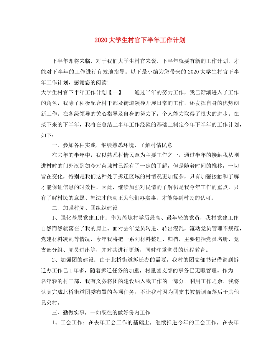 2024大学生村官下半年工作计划 _第1页