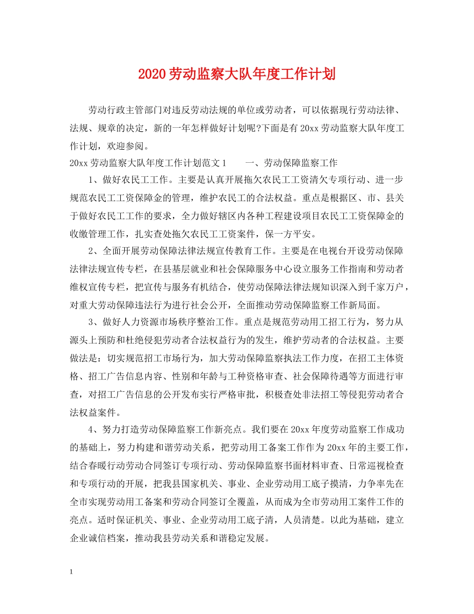 2024劳动监察大队年度工作计划 _第1页