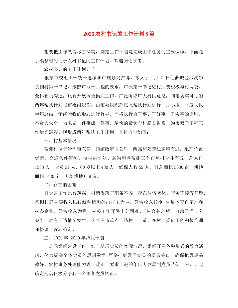 2024农村书记的工作计划5篇 _第1页