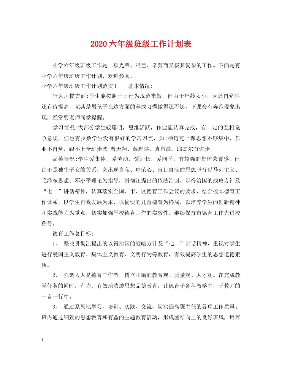2024六年级班级工作计划表 _第1页
