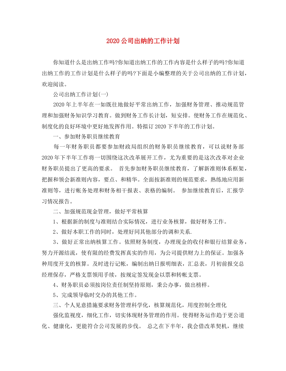 2024公司出纳的工作计划 _第1页