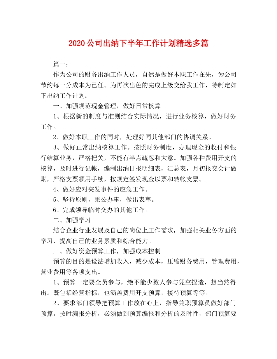 2024公司出纳下半年工作计划精选多篇 _第1页