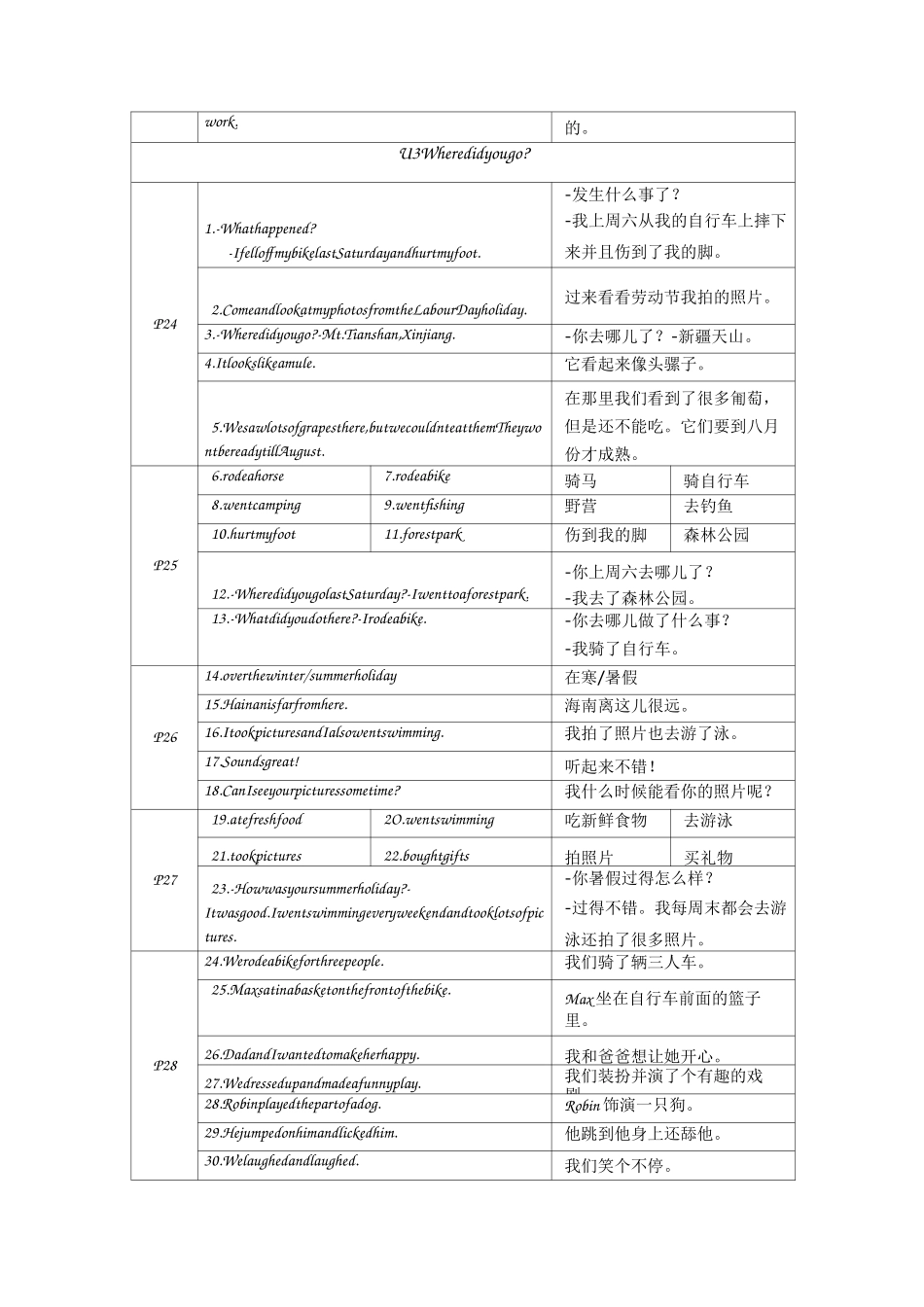 六年级英语下册人教pep版小学英语 单元重点知识 动词过去式表格_第3页