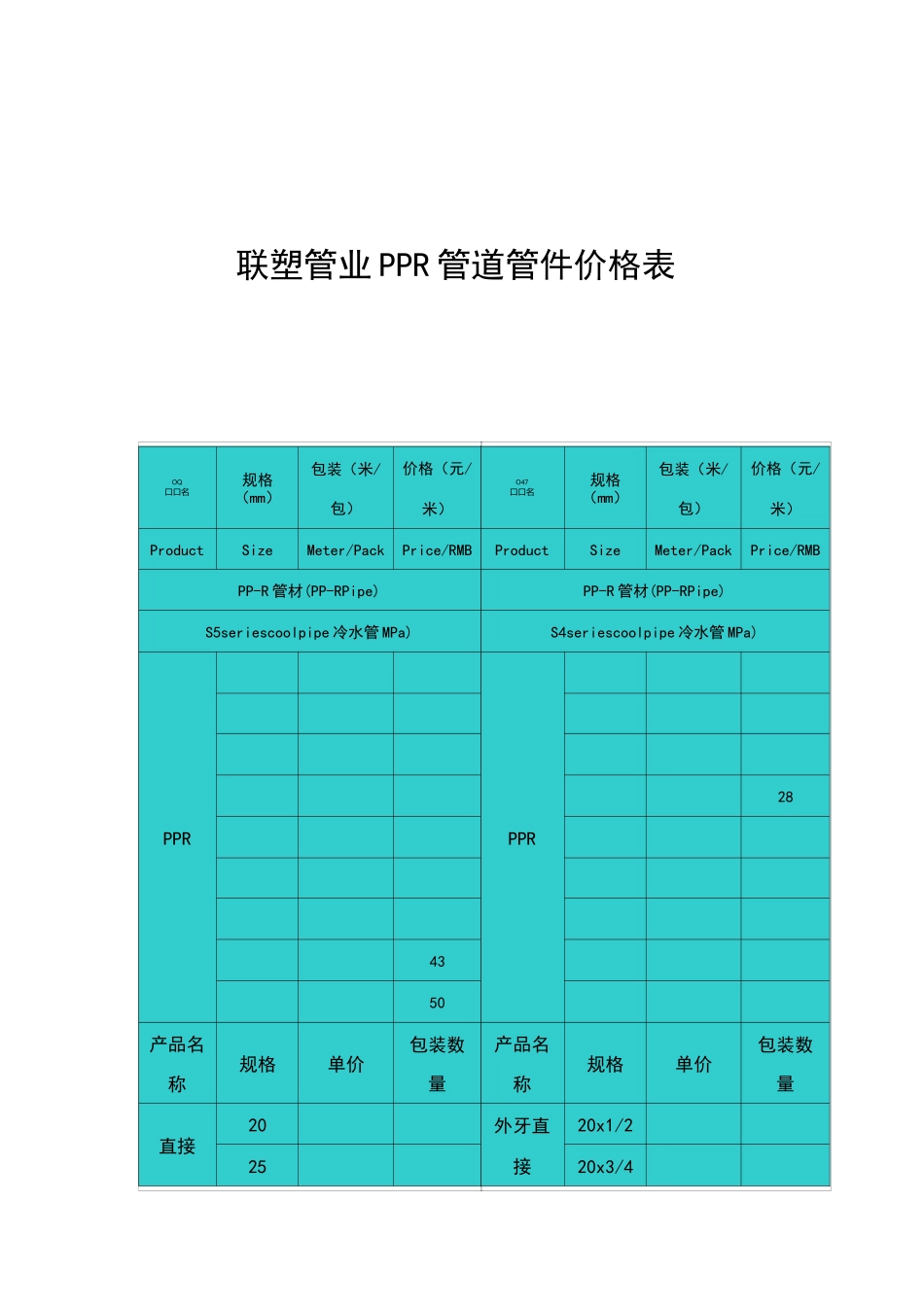 联塑管业PPR管道管件价格表_第1页