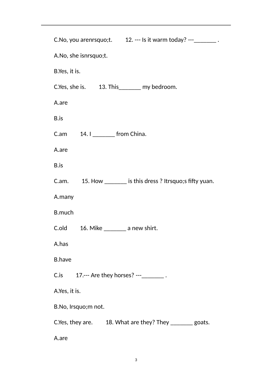 PEP英语四年级下册专项练习：情景对话_第3页