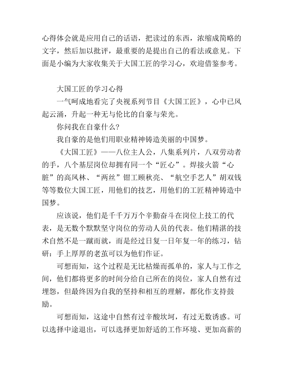 大国工匠先进事迹心得体会，大国工匠的学习心得_第1页