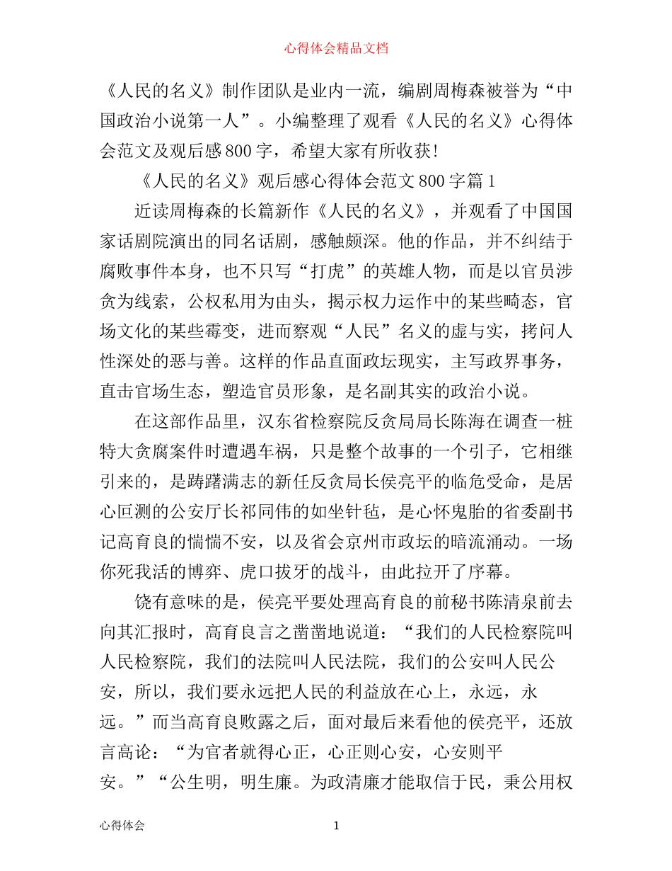 人民的名义观后感心得体会范文800字_第1页