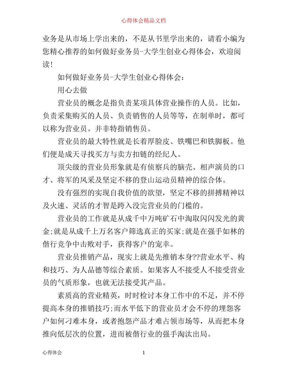 如何做好业务员-大学生创业心得体会_第1页